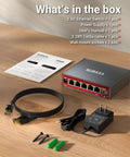 Five Port 2.5G Ethernet Switch With 10Gb SFP Plus Uplink for NAS Gaming and PC, showing contents with manual, cables, and screws.