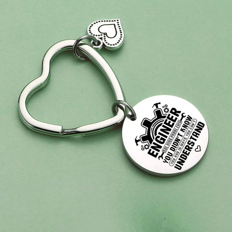 Stainless steel engineer keychain with heart charm, focus on 'Cool Engineers Gift Keychain For Engineers And Students Stainless Steel 316L'