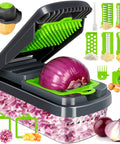 12-In-1 Vegetable Chopper With Built-In Container slicing onion, showcasing multiple blades and accessories for dicing and shredding.