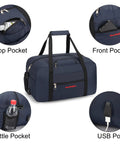 Under Seat Personal Item Duffle Bag For Air Travel 17 By 10 By 9 Inch With Free Pillow And USB Port Navy Durable And Foldable To Save On Carry On Fees Savings On Every Flight with pockets for top, front, and bottle, and USB port.