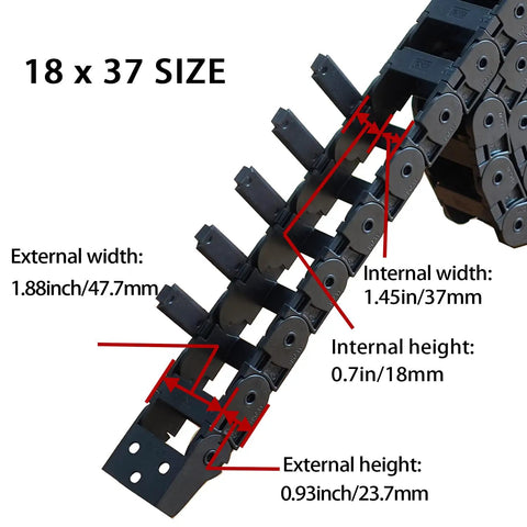 Two Piece Open Type Drag Chain Cable Carrier For CNC Router Mill And 3D Printer 39.3 Inch Length Black Nylon PA66, dimensions labeled