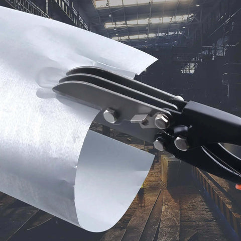 5 Blade Hand Crimpers For Sheet Metal And Ductwork cutting 22 to 28 gauge metal in an industrial setting with ergonomic TPR handle