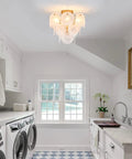 Modern Flush Mount Glass Ceiling Light In Gold Finish, 4 Light Vintage Chandelier in laundry room with geometric glass shades.