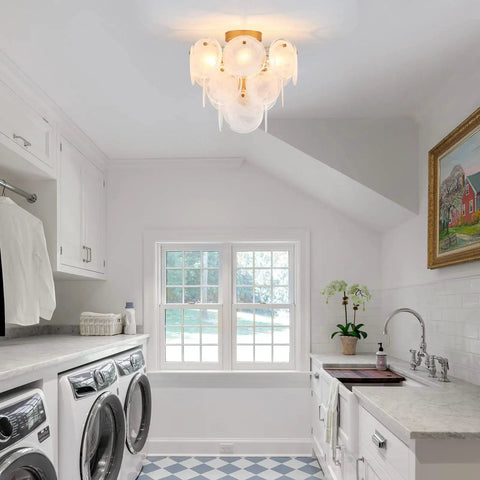 Modern Flush Mount Glass Ceiling Light In Gold Finish, 4 Light Vintage Chandelier in laundry room with geometric glass shades.