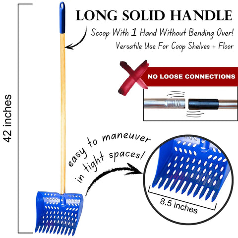 Two In One Chicken Poop Scooper And Rake For Coop Cleanup with long handle and blue sifting shovel, no loose connections
