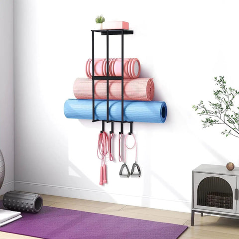 Matte Black No Fuss Wall Mount Camping Chair Storage Rack With Floating Shelf And Four Hooks For Garage Organization