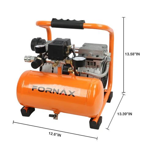 Fornax Ultra Quiet Air Compressor 1.3 Gallon Oil-Free Portable Unit With 1HP Motor And 65dB Silent Operation Ideal For Tire Inflation Nail Gun Garage Projects And Bike Maintenance At Max 125 PSI Power