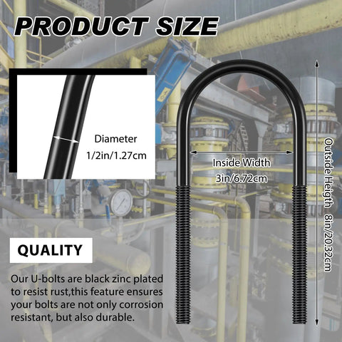 U Bolt Kit Four Pack Round Zinc Plated U Bolts Half Inch Diameter By Three Inch Wide By Eight Inch Long With Washers And Nuts Replacement Hardware For Sailboat Trailer And Marine Accessories Heavy Duty Beefy Fit. Image showing U-bolt dimensions.