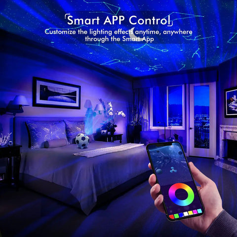 Galaxy Star Projector Night Light 4 In 1 With Bluetooth Speaker White Noise And App Control Aurora Sky Nebula Colorful Stars Moon Ceiling Projection For Bedroom Game Room And Adult Chill Vibe Decor showing app control in a bedroom.