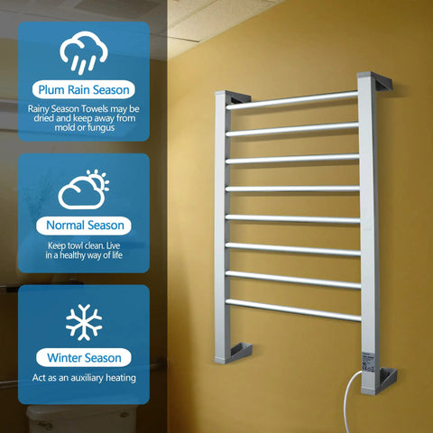 Eight Bar Towel Warmer With Timer For Bathroom And Laundry, mounted on wall, showing seasonal usage benefits.