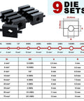 Heavy Duty Hydraulic Crimping Tool And Cable Cutter Kit For 12 AWG Up To Two Zero Gauge Wires And One Eighth Inch Stainless Steel Wire Rope Pro Grade Tool With Nine Die Sets And Handy Storage Case diagram showing die dimensions.