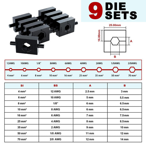 Heavy Duty Hydraulic Crimping Tool And Cable Cutter Kit For 12 AWG Up To Two Zero Gauge Wires And One Eighth Inch Stainless Steel Wire Rope Pro Grade Tool With Nine Die Sets And Handy Storage Case diagram showing die dimensions.