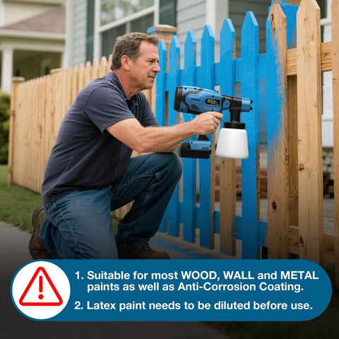 Man using Heavy Duty Brushless Cordless Paint Sprayer to paint a wooden fence blue outdoors.