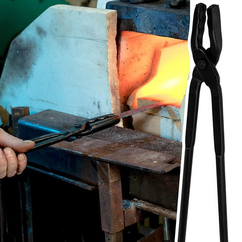 Badass Wolf Jaw And V Bit Tongs Set in use for forging, showing solid grip on metal heated in forge