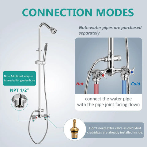 Wall Mount Outdoor Shower Kit With Handheld Spray, Double-Handle Exposed Shower, Chrome Finish, Solid Brass And SUS304 Stainless Steel Construction, Weatherproof, Corrosion Resistant, Winter-Friendly Drain System connection diagram