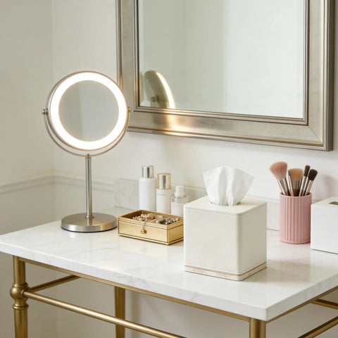 Hand Carved Beige Leather Cube Tissue Box Holder With Square Resin Cover Five Point Five Inch on elegant bathroom vanity