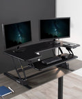Electric Height Adjustable Desk Converter with Sit to Stand Function and Dual Monitor Riser 42 Inch, black finish in home office