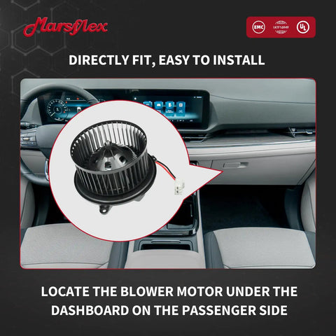 Heavy Duty Front Blower Motor For 2013 To 2016 Dodge Dart Tough Built HVAC Heating Fan Replacement Unit with installation detail.