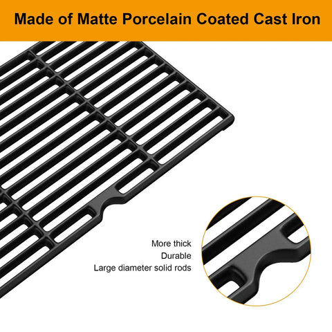 Turn Up The Heat For Your Backyard BBQ Bash With Premium Durable Heat Resistant Enamel Cast Iron Cooking Grid Grates For Four Burner Gas Grill 2 Pack, matte porcelain coated.