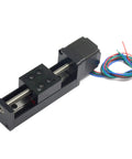 Mini Linear Rail Guide Slide Actuator with T6x1 Lead Screw and NEMA11 Stepper Motor, 50mm Stroke, front view.