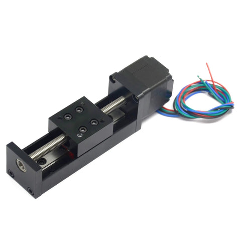 Mini Linear Rail Guide Slide Actuator with T6x1 Lead Screw and NEMA11 Stepper Motor, 50mm Stroke, front view.