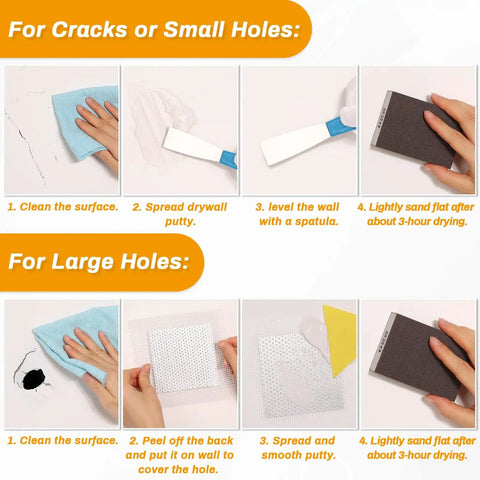 Drywall Repair Kit With 12 Oz White Putty Filler And Spatula For Patching Holes And Cracks An Easy Foolproof Fix Perfect For Your Walls No Drama Cleanup Fast Dry Formula instructions for patching small and large holes.
