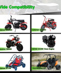 Wide compatibility of Pull Start Recoil Starter Assembly For Predator 212cc 196cc 6.5HP Engines shown with mini bikes and go karts