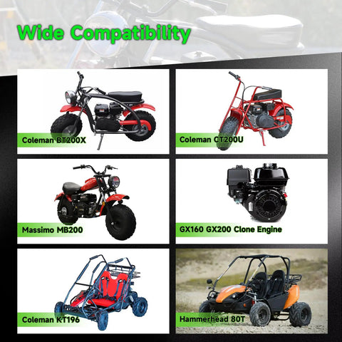 Wide compatibility of Pull Start Recoil Starter Assembly For Predator 212cc 196cc 6.5HP Engines shown with mini bikes and go karts
