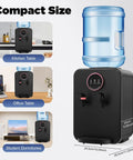 Top Loading 4.99 Gallon Hot And Cold Water Dispenser With Electric Cooler And Heater Auto Temp Control Compact Countertop Design For Home Office Or Dorms Black Finish, shown on kitchen, office, and dorm surfaces.