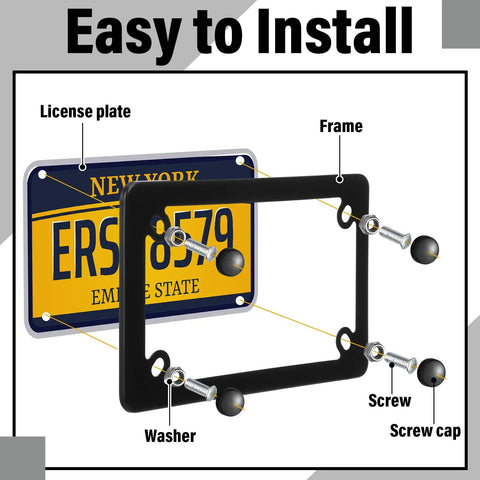 Two Pack Stainless Steel Motorcycle License Plate Frames in Black Finish Heavy Duty Metal Plate Cover with Mounting Screws