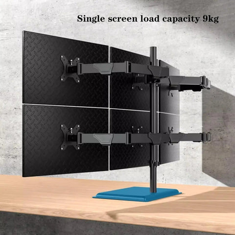 Dual Monitor Arm Mount With Smooth As Butter Articulation Full Extension Swivel Tilt Rotation Height Adjustable Heavy Duty Steel Desk Stand Ergonomic Desktop Setup For 17 To 32 Inch Screens Built Like A Tank with four arms mounted on a desk, showcasing its load capacity.