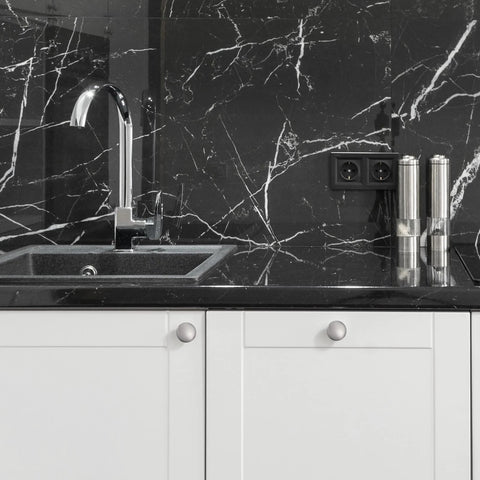 Modern kitchen with Brushed Satin Nickel Cabinet Knobs And Dresser Pulls 2 Pack Solid Zinc Alloy Single Hole on white cabinets.