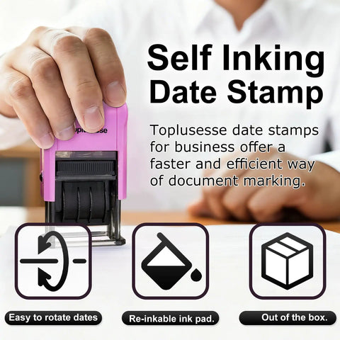 No Sweat Self Inking Date Stamp With Twelve Year Range And Clean Purple Base Quick Office Dater for fast marking on documents.
