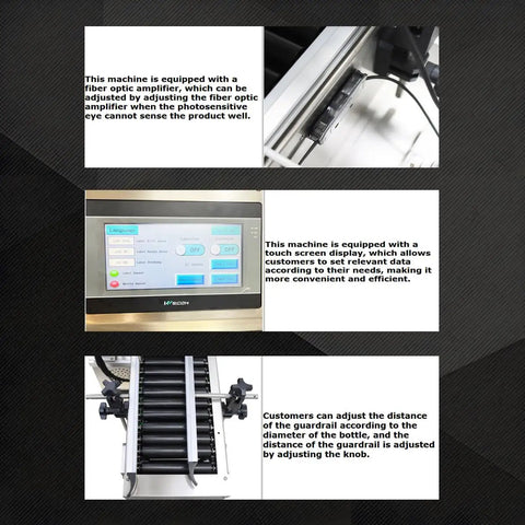 Hustle Ready High Speed Automatic Bottle Labeler With Intelligent Touchscreen Control 110V Desktop Conveyor System showing touchscreen settings and fiber optic amplifier.