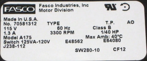 Label details of Hassle Free Drop In Shaded Pole Blower Motor With Heavy Duty Sleeve Bearings 1/40 Hp At 3300 Rpm 115 V 60 Hz Ccw Rotation.