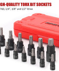 13 Piece Torx Bit Socket Set For 1/4 Inch, 3/8 Inch, And 1/2 Inch Drives T8 To T60 With S2 Steel Bits and red storage case