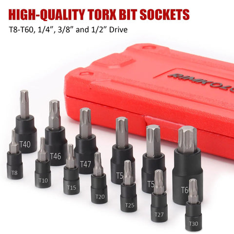 13 Piece Torx Bit Socket Set For 1/4 Inch, 3/8 Inch, And 1/2 Inch Drives T8 To T60 With S2 Steel Bits and red storage case