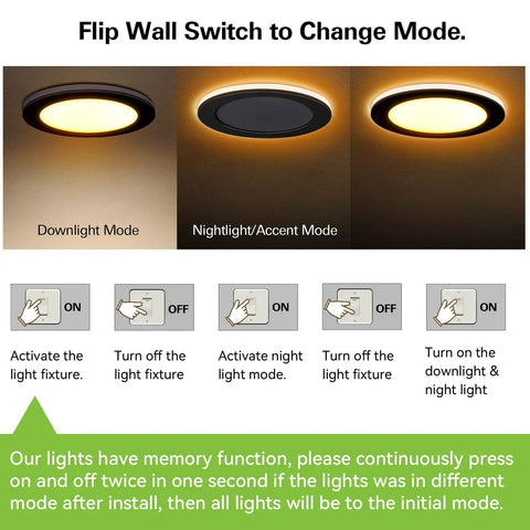 Diagram showing 12 Pack 6 Inch LED Recessed Ceiling Lights With Night Light modes and switch instructions, includes night light mode.