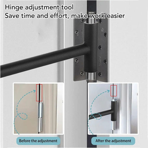 Door Hinge Adjustment Tool And Hinge Bender Kit For Smooth Door Swing overview with adjustment illustration.