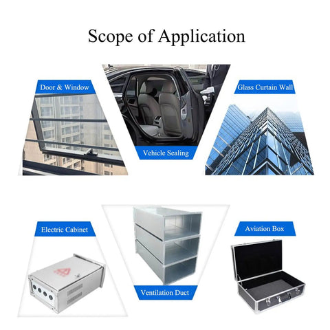 Dope Foam Rubber Seal Strip With Super Strong Self-Adhesive Backing, 10M Length shown in various applications like doors and vehicles.