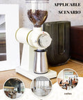 Front view of Electric Coffee Bean Grinder 250G For Commercial And Home Use 200W Automatic Burr Grinder With Eight Grind Settings From Fine To Coarse See Through Hopper Barista Quality Fresh Grounds White on kitchen counter.