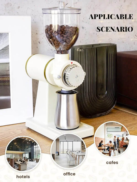 Front view of Electric Coffee Bean Grinder 250G For Commercial And Home Use 200W Automatic Burr Grinder With Eight Grind Settings From Fine To Coarse See Through Hopper Barista Quality Fresh Grounds White on kitchen counter.