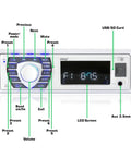 Front view of Bluetooth Marine Receiver Stereo 12V Single DIN In Dash Boat Radio With Digital LCD, USB, SD, MP3 controls visible