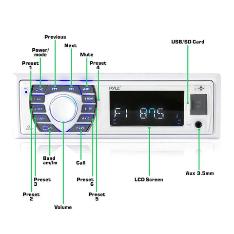 Front view of Bluetooth Marine Receiver Stereo 12V Single DIN In Dash Boat Radio With Digital LCD, USB, SD, MP3 controls visible
