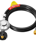 Five Foot Propane Regulator Hose For Grills And Fire Pits With Three Eighths Inch Female Flare Nut Ideal For Weber Blackstone And Most LP Gas Grills Durable Zinc Alloy Regulator And Heavy Duty Rubber Hose For Easy Reliable Grill Setup coiled on white background