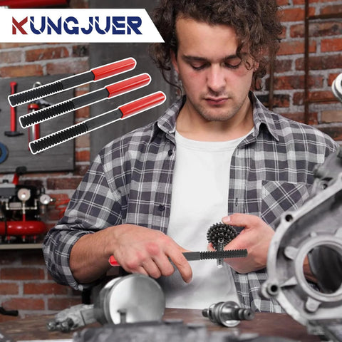 KUNGJUER 3-piece thread file set with red-handled high-carbon steel tools for metric and SAE threads (front view)