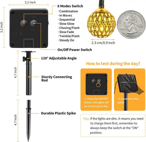Diagram of Solar Powered Globe String Lights Outdoor 60 LED 36 Ft With 8 Modes Warm White Waterproof Fairy Lights components.