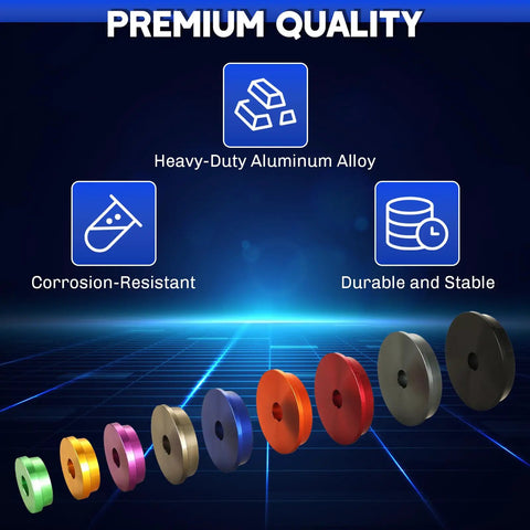 10 Piece Bearing Press Kit discs arranged in a row, highlighting heavy-duty aluminum alloy, corrosion resistance, and durability.