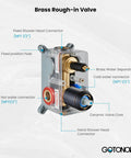 Brass water separator for ceiling mount shower system with rain showerhead and handheld sprayer, valve connections labeled.