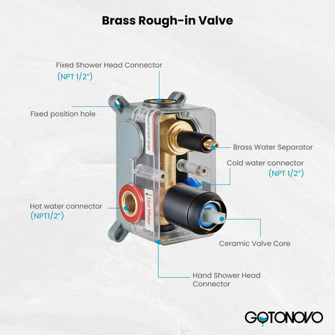 Brass water separator for ceiling mount shower system with rain showerhead and handheld sprayer, valve connections labeled.